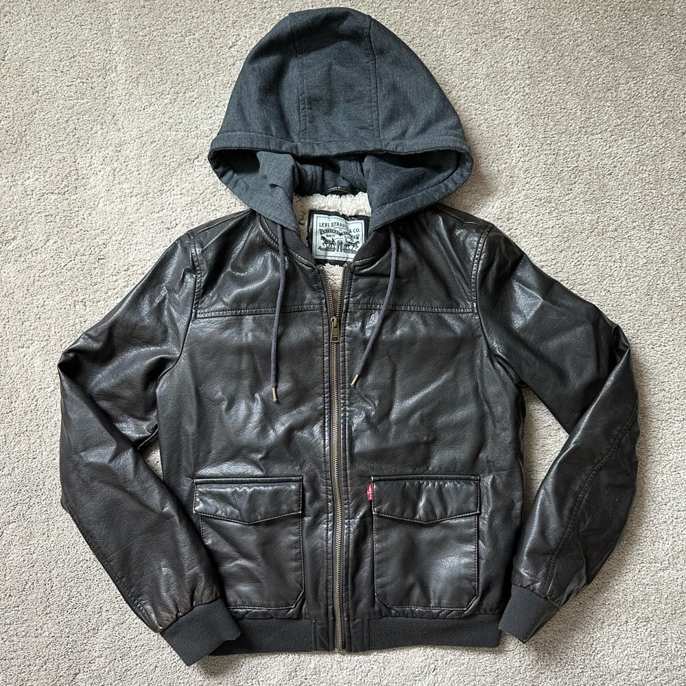 Levi’s Faux Leather Brown Bomber Jacket with Faux Fur Lining & Hood